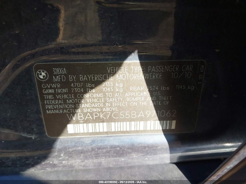 2011 BMW 328I xDrive VIN: WBAPK7C55BA971062 Lot: 43190350