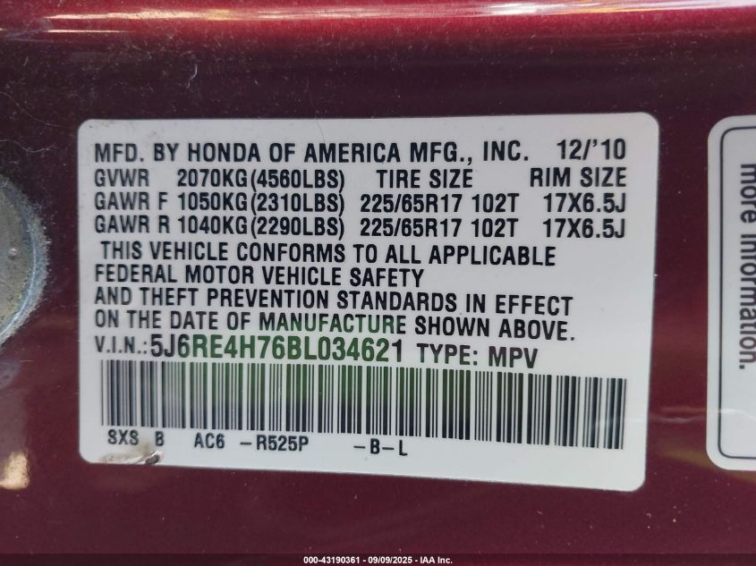 2011 Honda Cr-V Ex-L VIN: 5J6RE4H76BL034621 Lot: 43190361