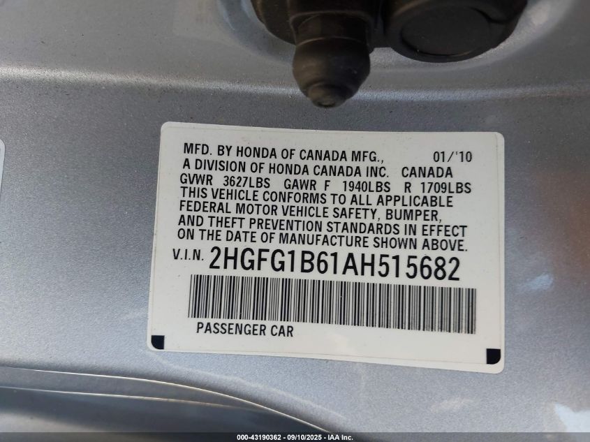 2010 Honda Civic Lx VIN: 2HGFG1B61AH515682 Lot: 43190362