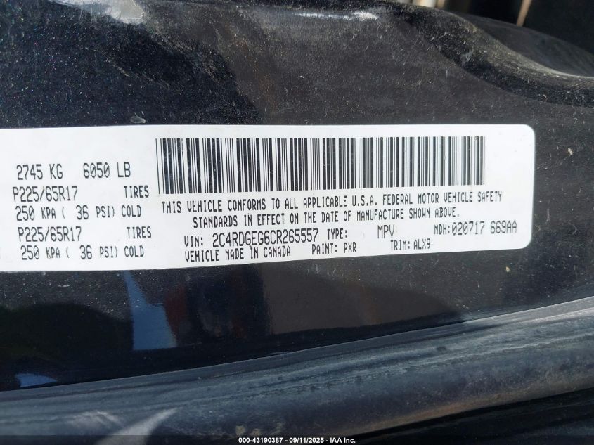 2012 Dodge Grand Caravan R/T VIN: 2C4RDGEG6CR265557 Lot: 43190387