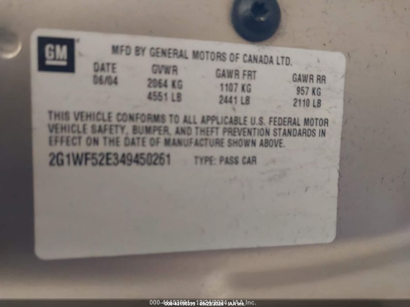 2004 Chevrolet Impala VIN: 2G1WF52E349450261 Lot: 43190399