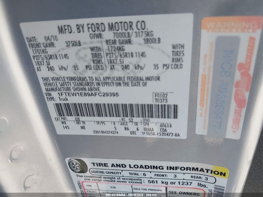2010 Ford F-150 Xl/Xlt VIN: 1FTEW1E89AFC29395 Lot: 43190404