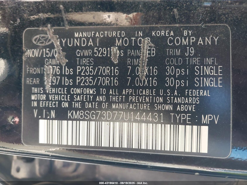 2007 Hyundai Santa Fe Gls VIN: KM8SG73D77U144431 Lot: 43190418