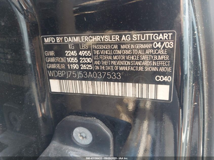 2003 Mercedes-Benz Cl 500 VIN: WDBPJ75J53A037533 Lot: 43190433