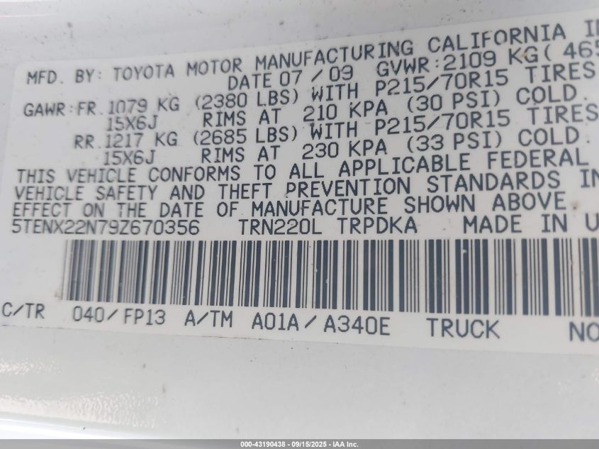 2009 Toyota Tacoma VIN: 5TENX22N79Z670356 Lot: 43190438