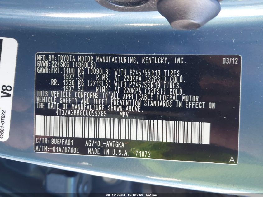 2012 Toyota Venza Le VIN: 4T3ZA3BB8CU059785 Lot: 43190441