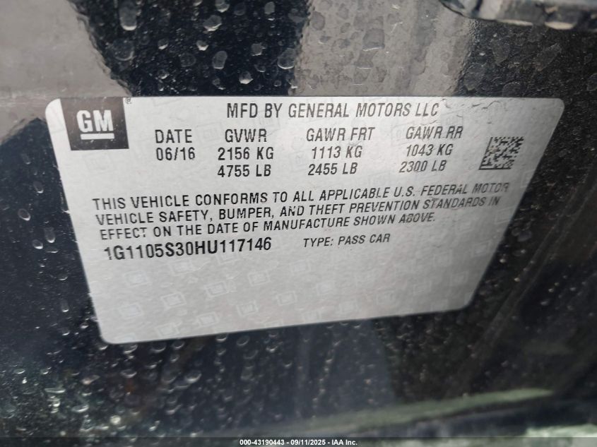 2017 Chevrolet Impala 1Lt VIN: 1G1105S30HU117146 Lot: 43190443