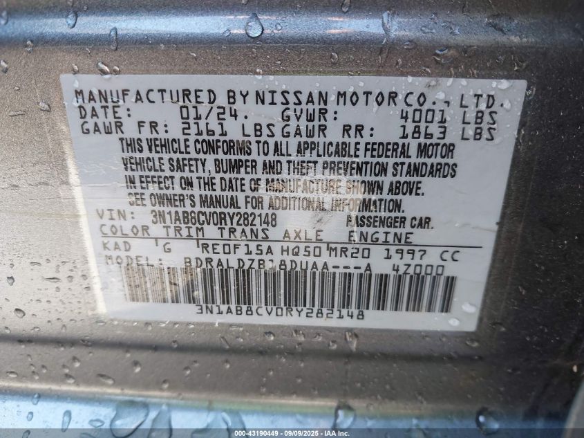 2024 Nissan Sentra Sv Xtronic Cvt VIN: 3N1AB8CV0RY282148 Lot: 43190449