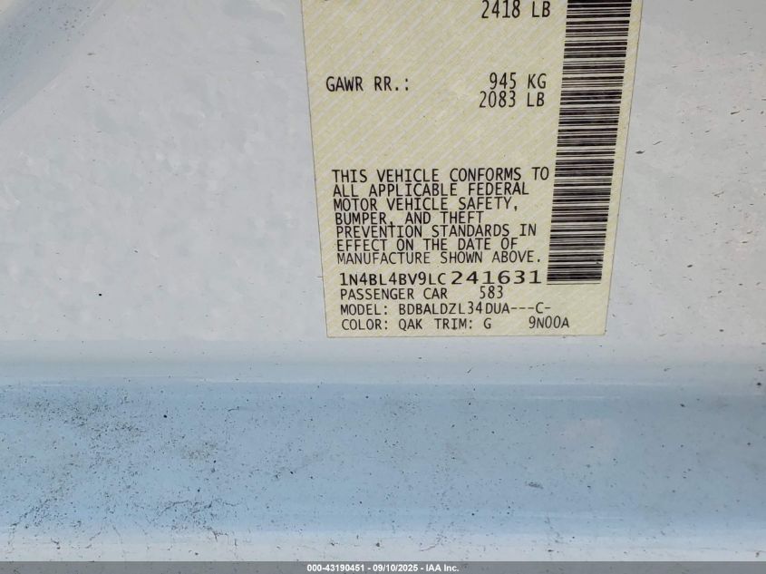 2020 Nissan Altima S Fwd VIN: 1N4BL4BV9LC241631 Lot: 43190451