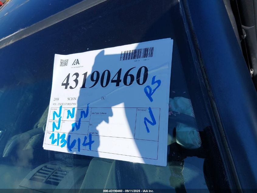 2008 Scion Tc VIN: JTKDE167180267956 Lot: 43190460