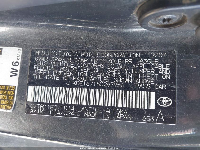 2008 Scion Tc VIN: JTKDE167180267956 Lot: 43190460