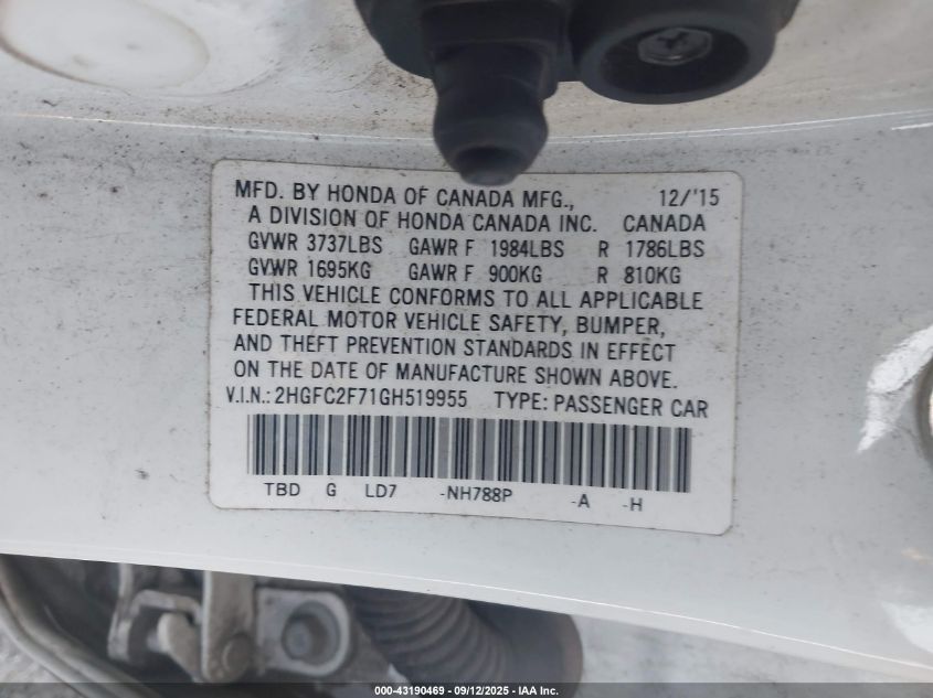 2016 Honda Civic Ex VIN: 2HGFC2F71GH519955 Lot: 43190469