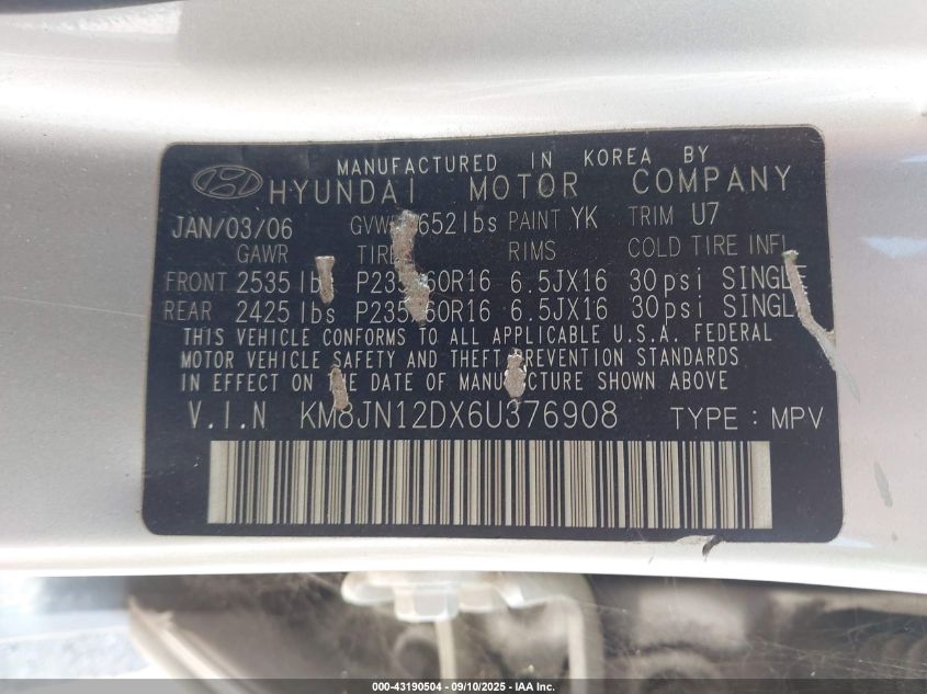 2006 Hyundai Tucson Gls/Limited VIN: KM8JN12DX6U376908 Lot: 43190504