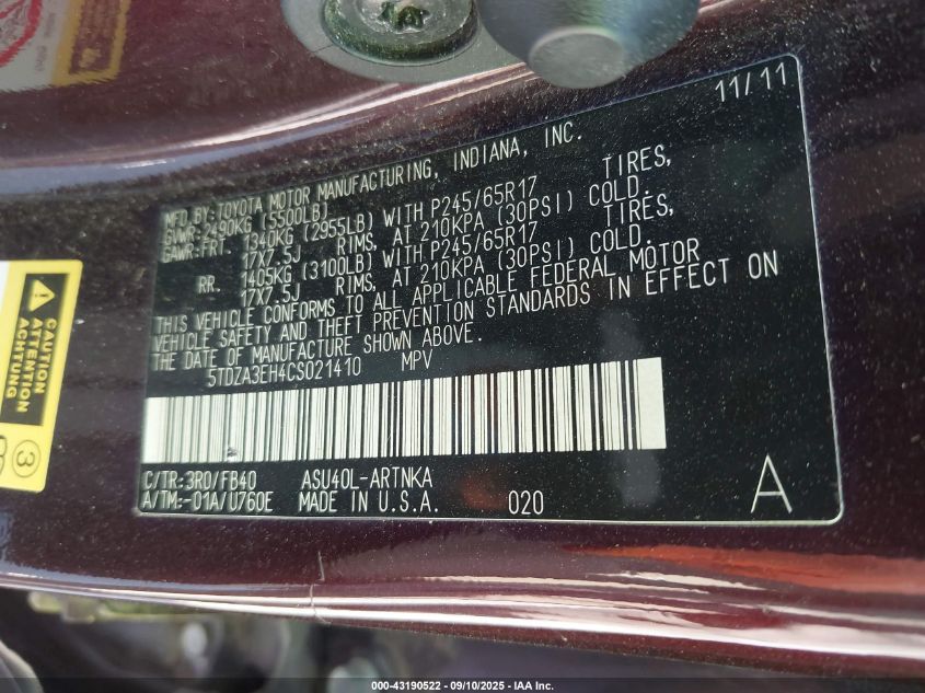 2012 Toyota Highlander VIN: 5TDZA3EH4CS021410 Lot: 43190522