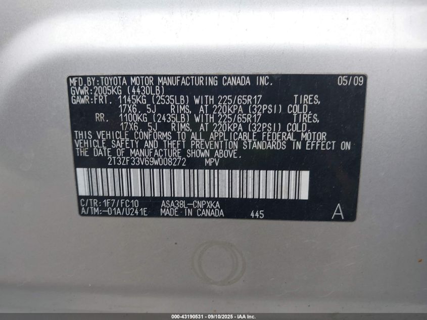 2009 Toyota Rav4 VIN: 2T3ZF33V69W008272 Lot: 43190531