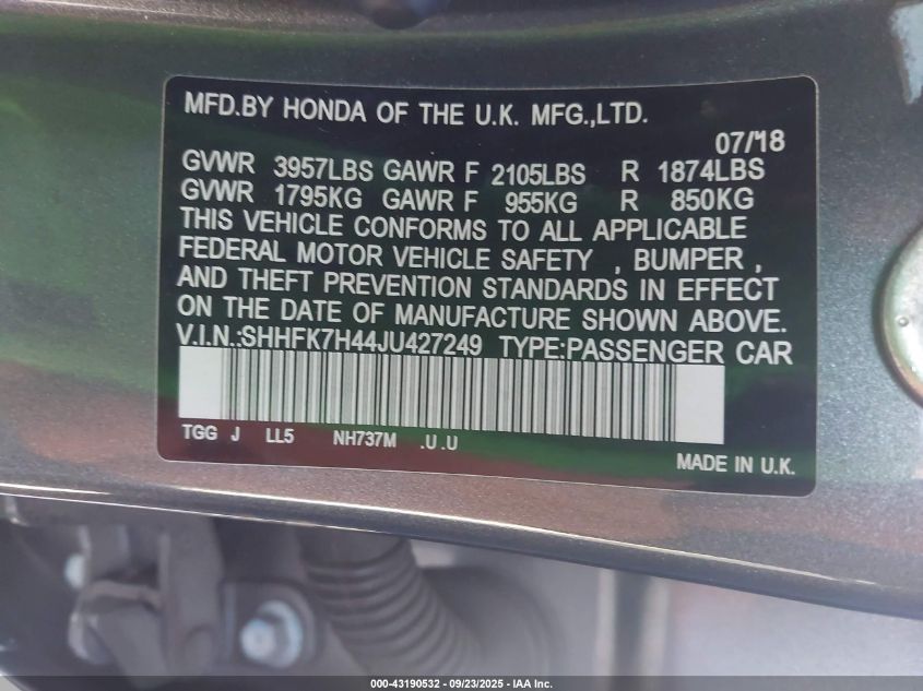 2018 Honda Civic Sport VIN: SHHFK7H44JU427249 Lot: 43190532