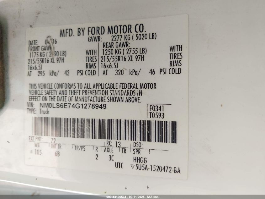 2016 Ford Transit Connect Xl VIN: NM0LS6E74G1278949 Lot: 43190534