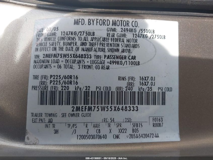 2005 Mercury Grand Marquis Ls/Lse VIN: 2MEFM75W55X648333 Lot: 43190551