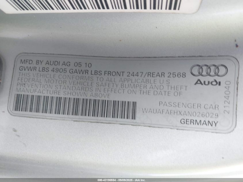 2010 Audi A5 2.0T Premium VIN: WAUAFAFHXAN026029 Lot: 43190554