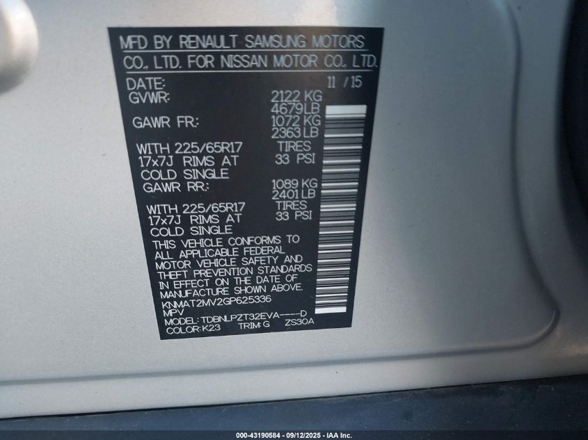 2016 Nissan Rogue S VIN: KNMAT2MV2GP625336 Lot: 43190584