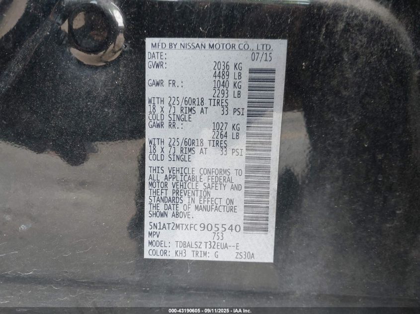 2015 Nissan Rogue Sl VIN: 5N1AT2MTXFC905540 Lot: 43190605