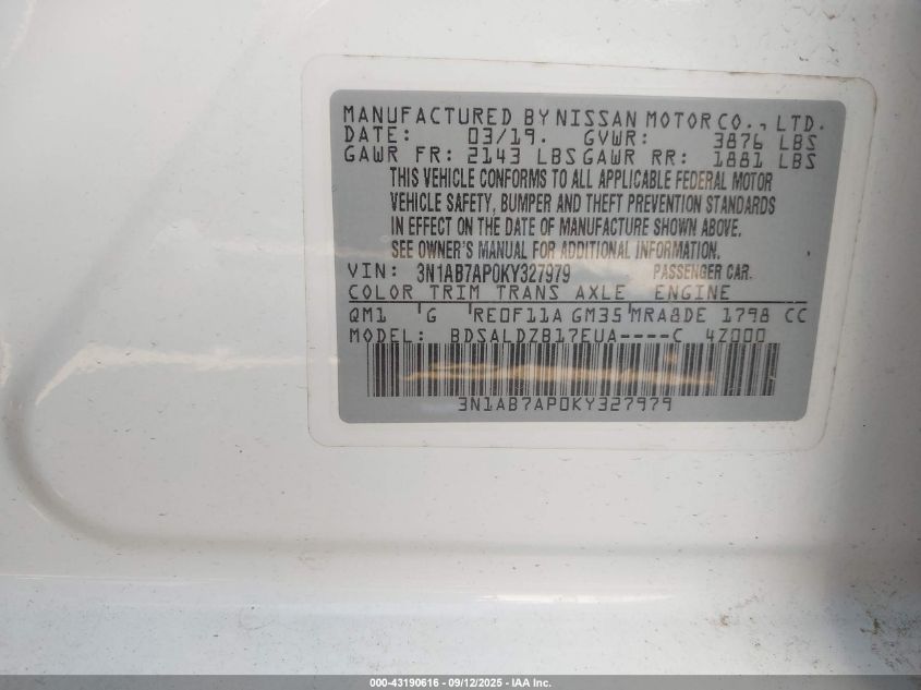 2019 Nissan Sentra Sv VIN: 3N1AB7AP0KY327979 Lot: 43190616