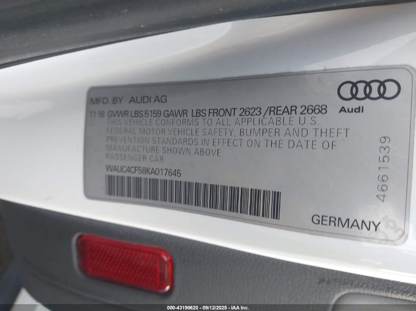 2019 Audi S5 3.0T Premium VIN: WAUC4CF58KA017645 Lot: 43190620