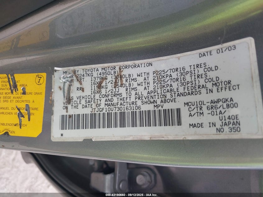 2003 Lexus Rx 300 VIN: JTJGF10U730163106 Lot: 43190660