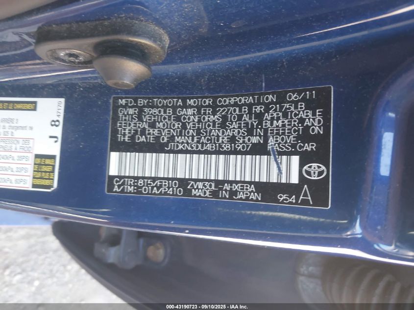 2011 Toyota Prius Two VIN: JTDKN3DU4B1381907 Lot: 43190723