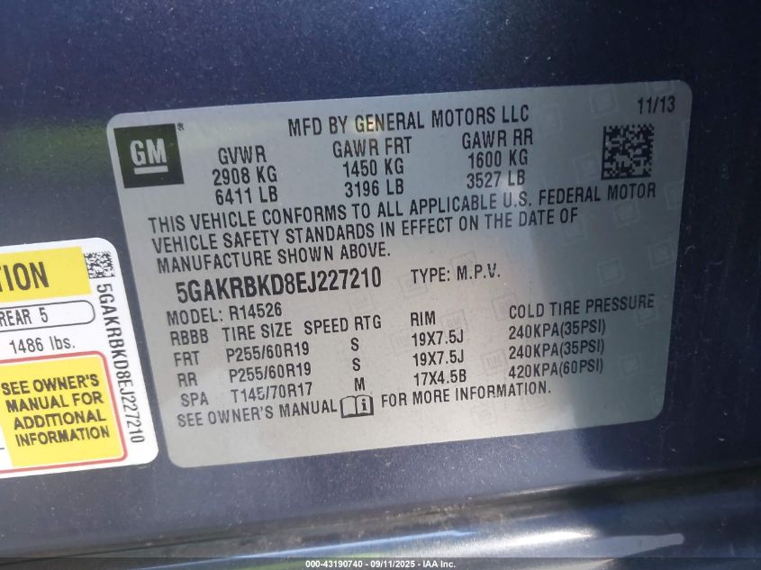 2014 Buick Enclave Leather VIN: 5GAKRBKD8EJ227210 Lot: 43190740