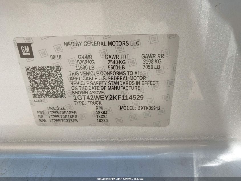 2019 GMC Sierra 3500Hd Denali VIN: 1GT42WEY2KF114529 Lot: 43190742