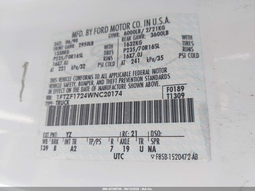1998 Ford F-150 Standard/Xl/Xlt VIN: 1FTZF1724WNC20174 Lot: 43190746