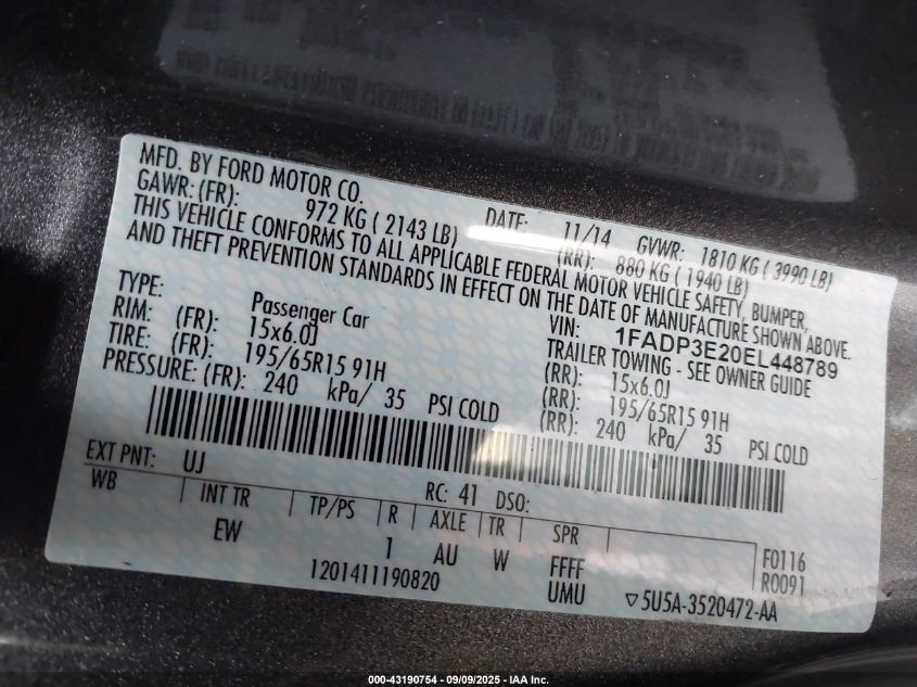 2014 Ford Focus S VIN: 1FADP3E20EL448789 Lot: 43190754