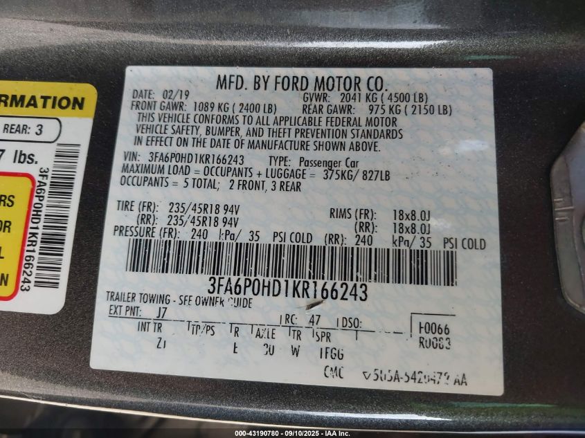 2019 Ford Fusion Se VIN: 3FA6P0HD1KR166243 Lot: 43190780