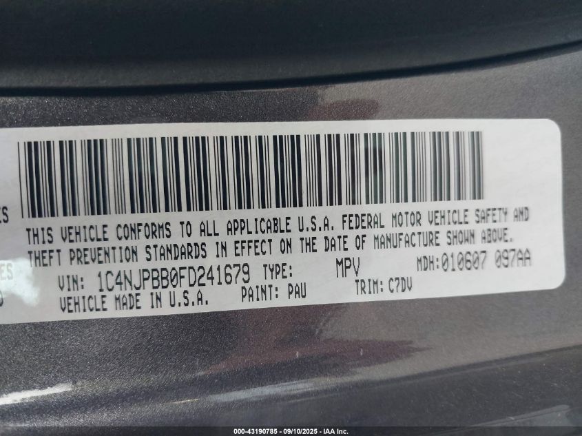 2015 Jeep Patriot Sport VIN: 1C4NJPBB0FD241679 Lot: 43190785