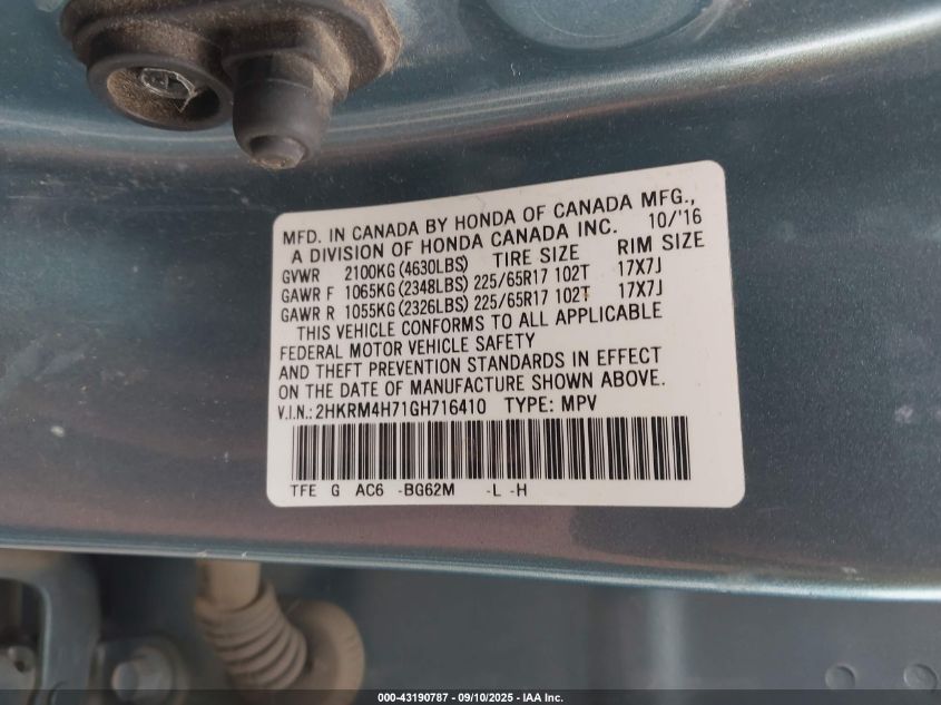 2016 Honda Cr-V Ex-L VIN: 2HKRM4H71GH716410 Lot: 43190787