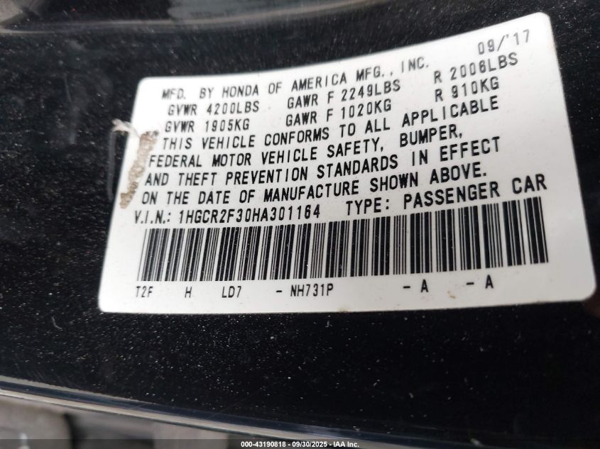 2017 Honda Accord Lx VIN: 1HGCR2F30HA301164 Lot: 43190818