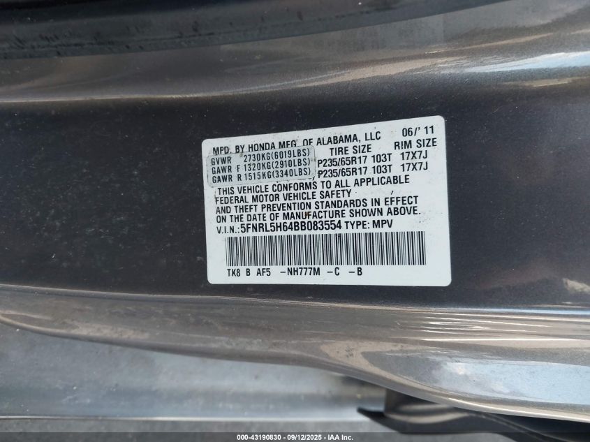 2011 Honda Odyssey Ex-L VIN: 5FNRL5H64BB083554 Lot: 43190830