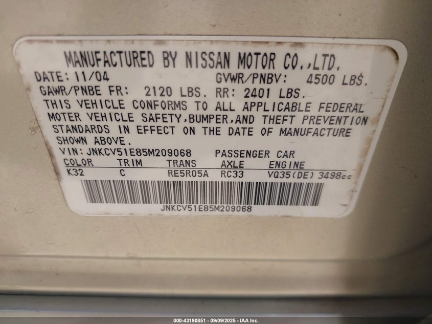 2005 Infiniti G35 VIN: JNKCV51E85M209068 Lot: 43190851