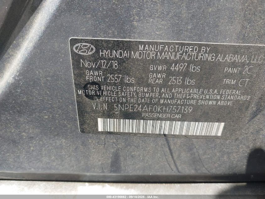 2019 Hyundai Sonata Se VIN: 5NPE24AF0KH757139 Lot: 43190862
