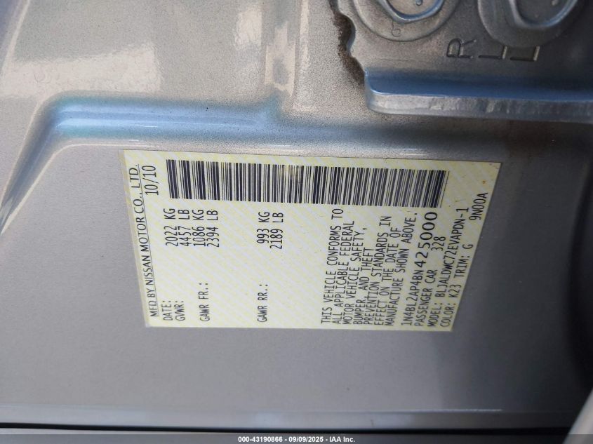 2011 Nissan Altima 3.5 Sr VIN: 1N4BL2AP4BN425000 Lot: 43190866