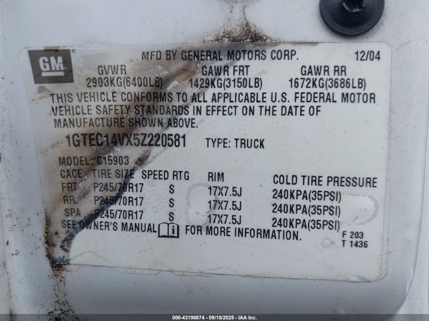 2005 GMC Sierra 1500 Work Truck VIN: 1GTEC14VX5Z220581 Lot: 43190874