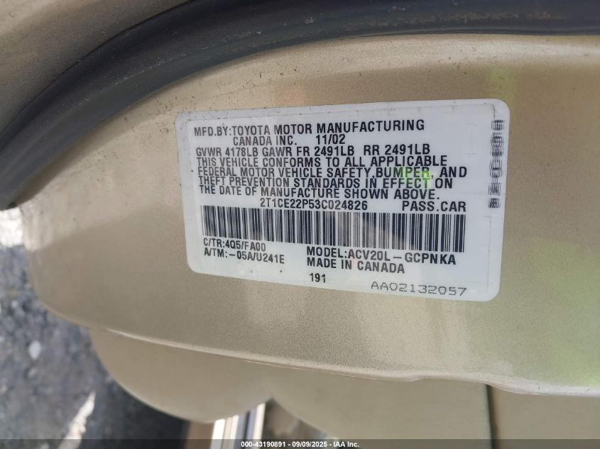 2003 Toyota Camry Solara Se VIN: 2T1CE22P53C024826 Lot: 43190891