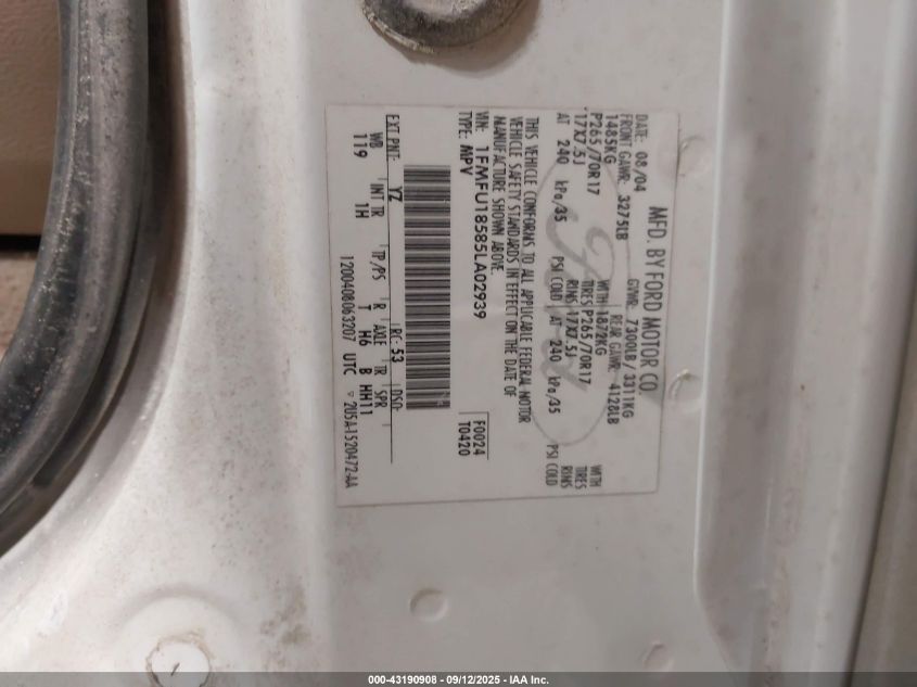 2005 Ford Expedition Eddie Bauer/King Ranch VIN: 1FMFU18585LA02939 Lot: 43190908