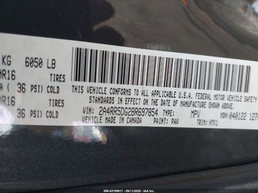 2011 Chrysler Town & Country Touring VIN: 2A4RR5DG2BR697854 Lot: 43190917