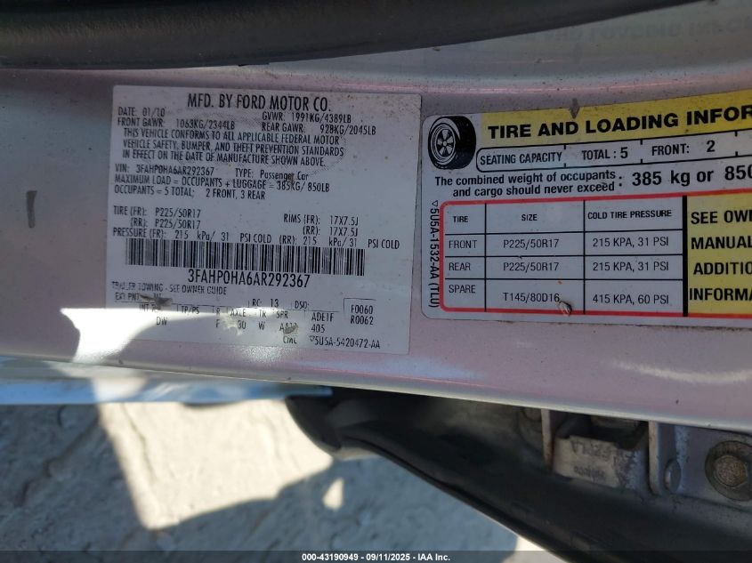 2010 Ford Fusion Se VIN: 3FAHP0HA6AR292367 Lot: 43190949