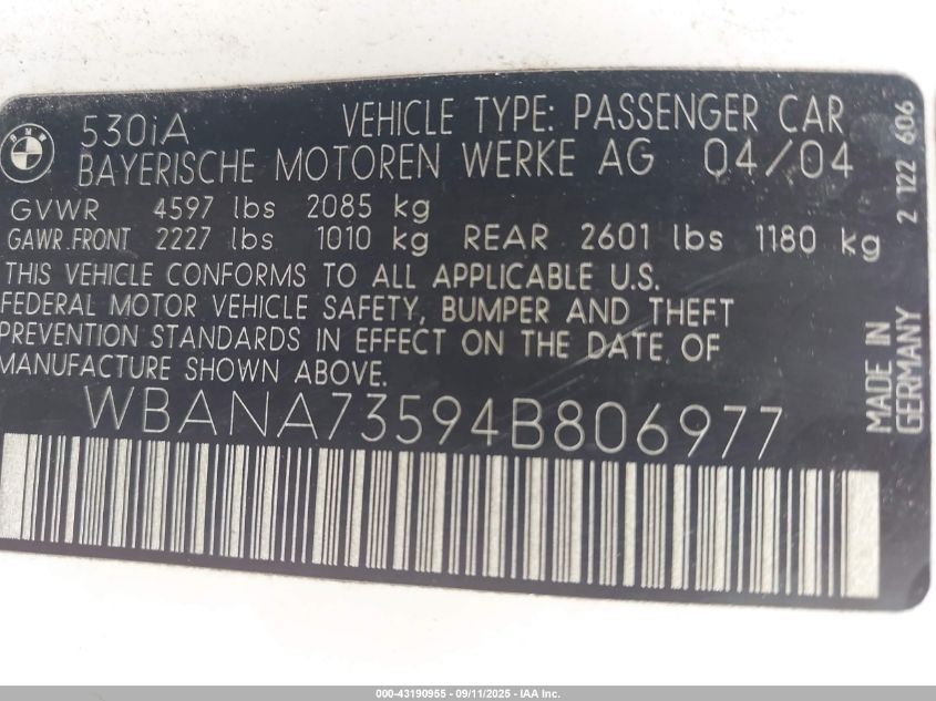 2004 BMW 530I VIN: WBANA73594B806977 Lot: 43190955