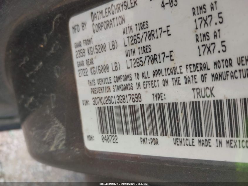 2003 Dodge Ram 2500 VIN: 3D7KU28C13G817698 Lot: 43191073