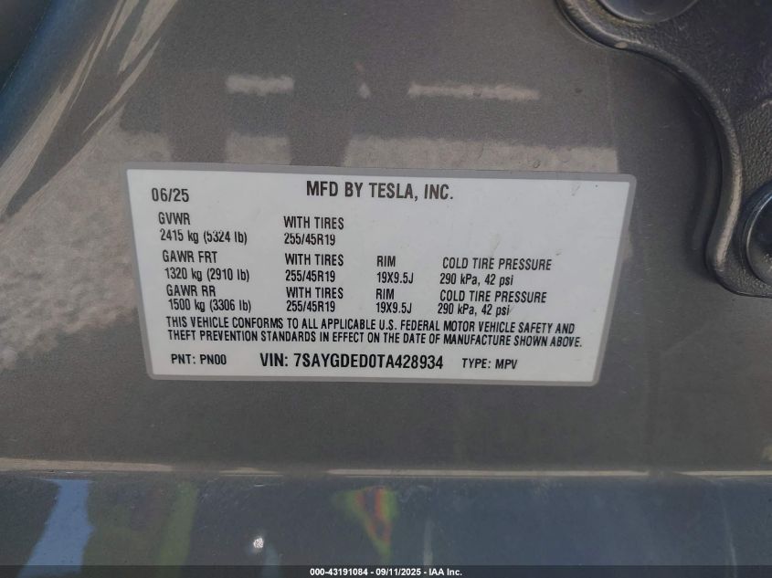 2026 Tesla Model Y Long Range Dual Motor All-Wheel Drive VIN: 7SAYGDED0TA428934 Lot: 43191084