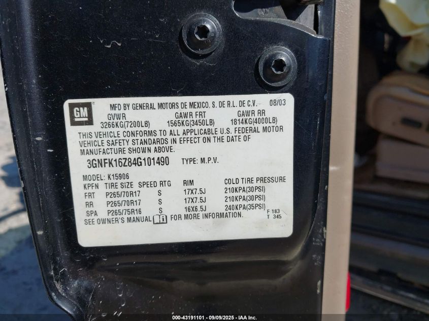 2004 Chevrolet Suburban 1500 Z71 VIN: 3GNFK16Z84G101490 Lot: 43191101